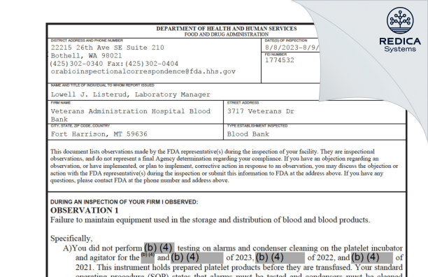 FDA 483 - Veterans Administration Hospital Blood Bank [Fort Harrison / United States of America] - Download PDF - Redica Systems