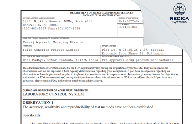 FDA 483 - Felix Generics Private Limited [India / India] - Download PDF - Redica Systems