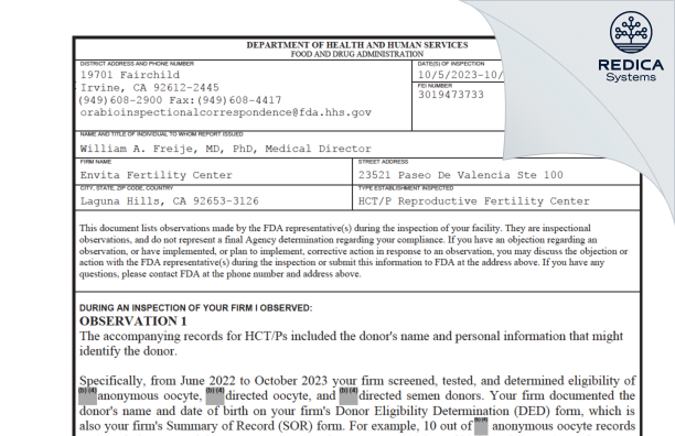 FDA 483 - Envita Fertility Center [Laguna Hills / United States of America] - Download PDF - Redica Systems
