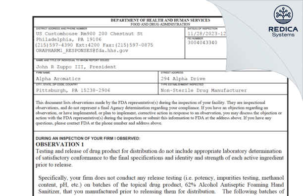 FDA 483 - Alpha Aromatics [Pittsburgh / United States of America] - Download PDF - Redica Systems