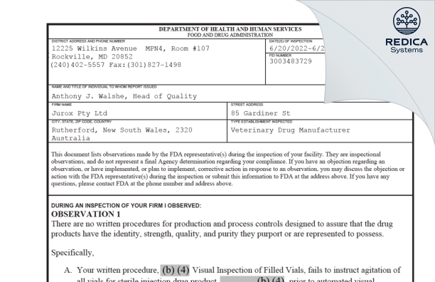 FDA 483 - Jurox Pty. Limited [- / Australia] - Download PDF - Redica Systems
