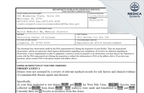 FDA 483 - Fertility Center of Orlando [Maitland / United States of America] - Download PDF - Redica Systems