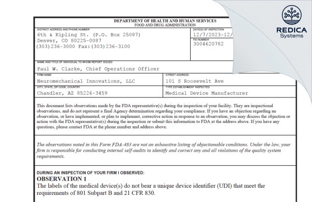 FDA 483 - Neuromechanical Innovations, LLC [Chandler / United States of America] - Download PDF - Redica Systems