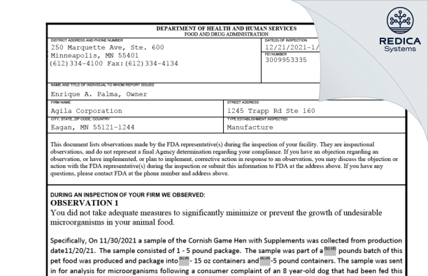 FDA 483 - Agila Corporation [Eagan / United States of America] - Download PDF - Redica Systems