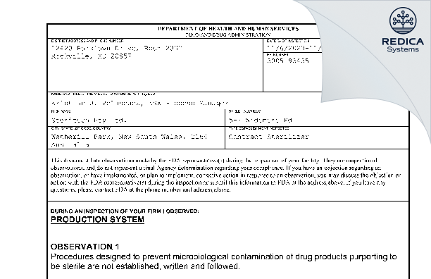 FDA 483 - STERITECH PTY. LTD. [- / Australia] - Download PDF - Redica Systems