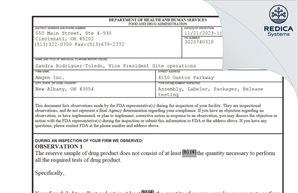 FDA 483 - Amgen Inc. [New Albany Ohio / United States of America] - Download PDF - Redica Systems