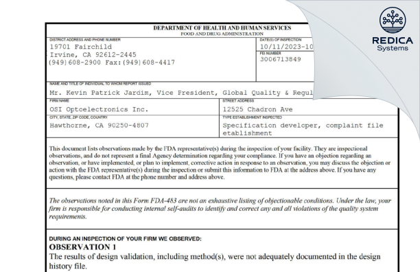 FDA 483 - Osi Optoelectronics Inc. [Hawthorne / United States of America] - Download PDF - Redica Systems