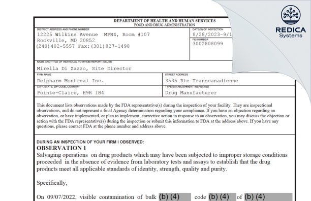 FDA 483 - Delpharm Montreal Inc. [Pointe-Claire / Canada] - Download PDF - Redica Systems