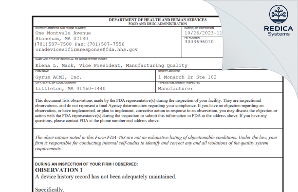 FDA 483 - Image Stream Medical, LLC [Littleton / United States of America] - Download PDF - Redica Systems