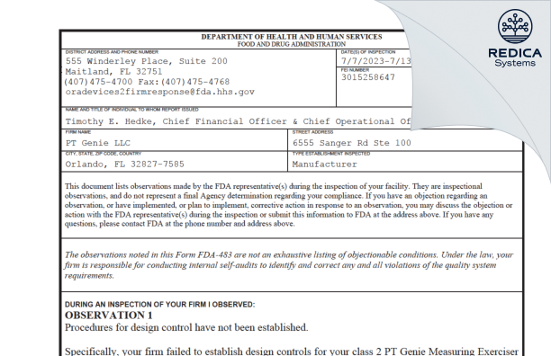 FDA 483 - PT Genie LLC [Orlando / United States of America] - Download PDF - Redica Systems