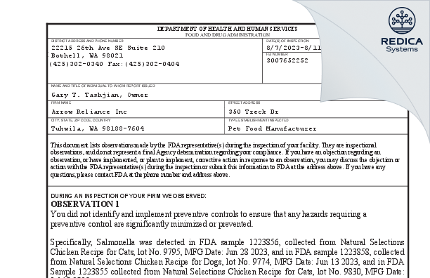 FDA 483 - Arrow Reliance Inc [Tukwila / United States of America] - Download PDF - Redica Systems