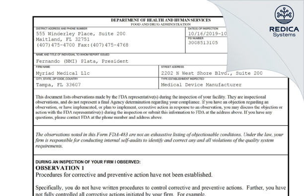 FDA 483 - Myriad Medical, LLC [Tampa / United States of America] - Download PDF - Redica Systems