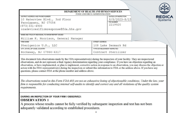 FDA 483 - Sterigenics U.S., LLC [Rockaway / United States of America] - Download PDF - Redica Systems
