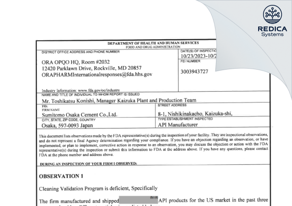 FDA 483 - SUMITOMO OSAKA CEMENT CO., LTD. [Osaka / Japan] - Download PDF - Redica Systems