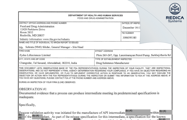 FDA 483 - Zydus Lifesciences Limited [Ahmedabad / India] - Download PDF - Redica Systems