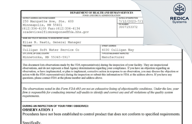 FDA 483 - Culligan Soft Water Service Co [Minnetonka / United States of America] - Download PDF - Redica Systems