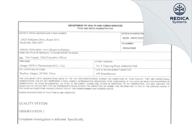 FDA 483 - Jiangsu NHWA Pharmaceutical Co., Ltd. [Xuzhou / China] - Download PDF - Redica Systems