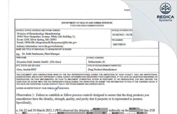 FDA 483 - Fresenius Kabi Austria [Graz Werndorf / Austria] - Download PDF - Redica Systems