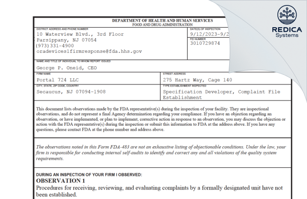 FDA 483 - Portal 724 LLC [Secaucus / United States of America] - Download PDF - Redica Systems
