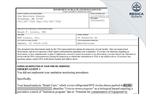 FDA 483 - NDR Liuzzi, Inc. [Hamden / United States of America] - Download PDF - Redica Systems