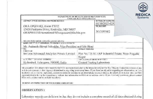 FDA 483 - Invitron Advanced Analytics Private Limited [Kukatpally Hyderabad / India] - Download PDF - Redica Systems