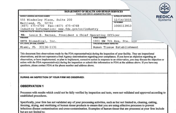 FDA 483 - Vivex Biologics, Inc. [Miami / United States of America] - Download PDF - Redica Systems