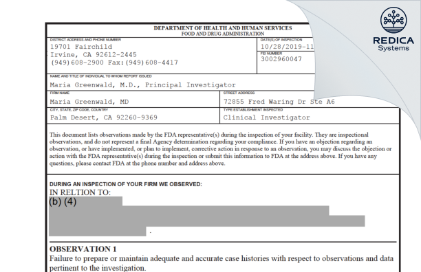 FDA 483 - Maria W. Greenwald, MD [Palm Desert / United States of America] - Download PDF - Redica Systems