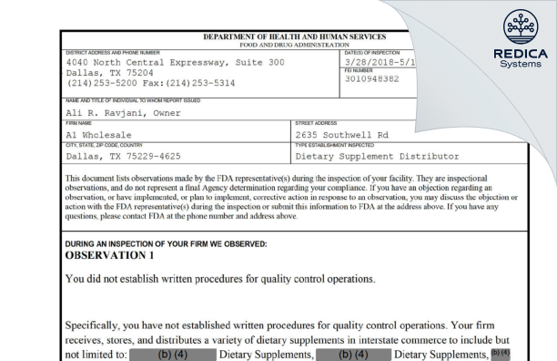 FDA 483 - A1 Wholesale [Dallas / United States of America] - Download PDF - Redica Systems