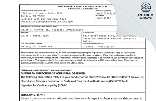 FDA 483 - Aslan T Turer, M.D. [Dallas / United States of America] - Download PDF - Redica Systems
