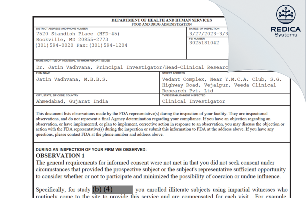 FDA 483 - Jatin Vadhvana, M.B.B.S. [Ahmedabad / India] - Download PDF - Redica Systems