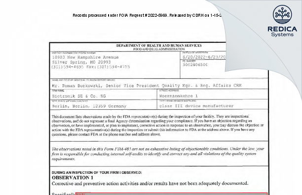 FDA 483 - Biotronik SE & Co. KG [Berlin / Germany] - Download PDF - Redica Systems