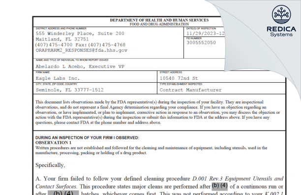 FDA 483 - Eagle Labs Inc. [Florida / United States of America] - Download PDF - Redica Systems