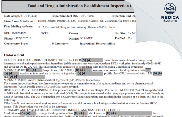 EIR - Henan Dongtai Pharm Co., Ltd. [China / China] - Download PDF - Redica Systems