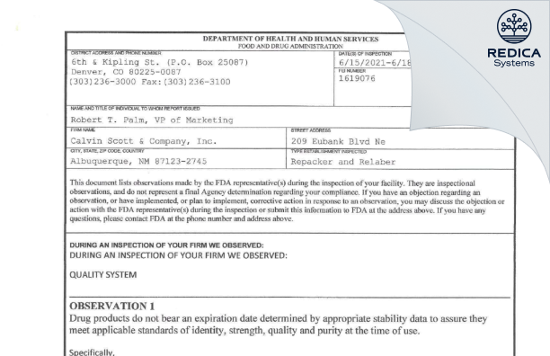 FDA 483 - Calvin Scott & Co., Inc. [Mexico / United States of America] - Download PDF - Redica Systems