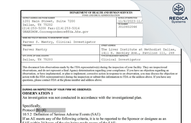 FDA 483 - Parvez Mantry [Dallas / United States of America] - Download PDF - Redica Systems