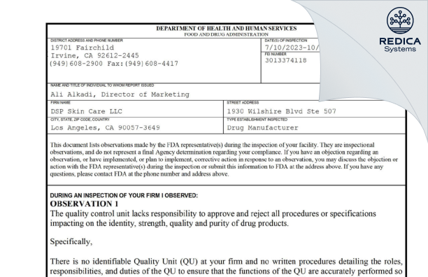 FDA 483 - DSP Skin Care LLC [Los Angeles / United States of America] - Download PDF - Redica Systems