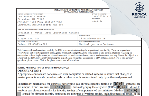 FDA 483 - Airgas Usa, LLC [Salem / United States of America] - Download PDF - Redica Systems