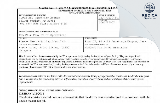 FDA 483 - Plexus Manufacturing Sdn. Bhd. [Bayan Lepas / Malaysia] - Download PDF - Redica Systems