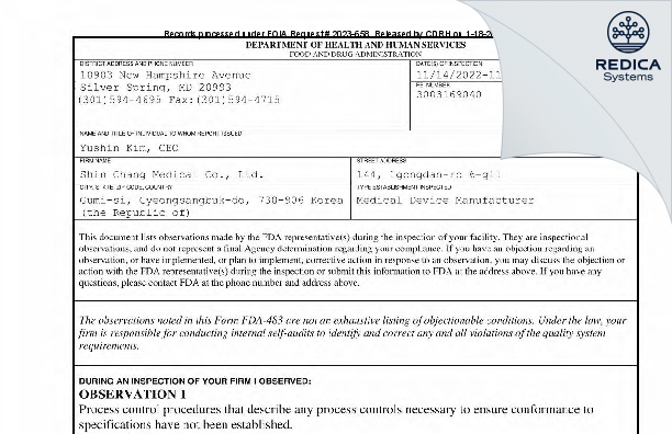 FDA 483 - Shin Chang Medical Co., Ltd. [- / -] - Download PDF - Redica Systems