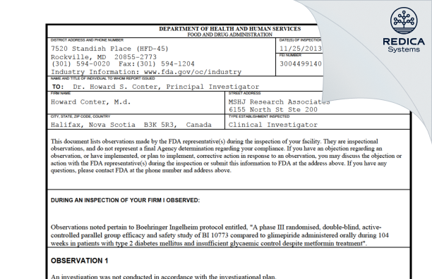 FDA 483 - Howard Conter, M.d. [Halifax / Canada] - Download PDF - Redica Systems