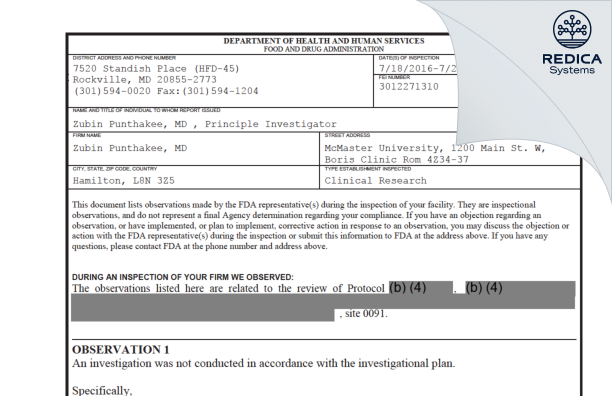 FDA 483 - Zubin Punthakee, MD [Hamilton / Canada] - Download PDF - Redica Systems