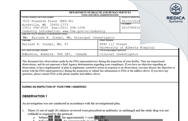 FDA 483 - Kailash K. Jindal, MD, PI [Edmonton / Canada] - Download PDF - Redica Systems