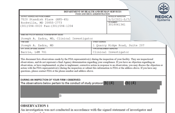FDA 483 - Joseph A. Zadra, MD [Barrie / Canada] - Download PDF - Redica Systems