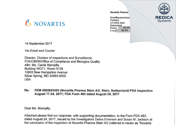 FDA 483 Response - Novartis Pharma Stein AG [Switzerland / Switzerland] - Download PDF - Redica Systems