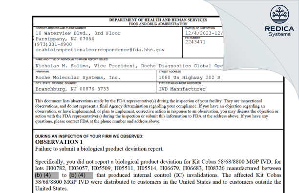 FDA 483 - Roche Molecular Systems, Inc. [S Branchburg / United States of America] - Download PDF - Redica Systems