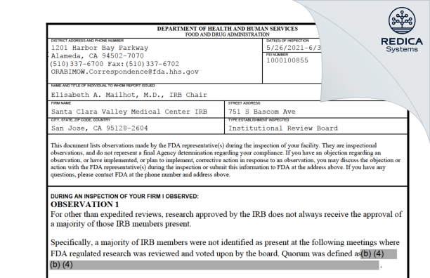 FDA 483 - Santa Clara Valley Medical Center IRB [San Jose / United States of America] - Download PDF - Redica Systems