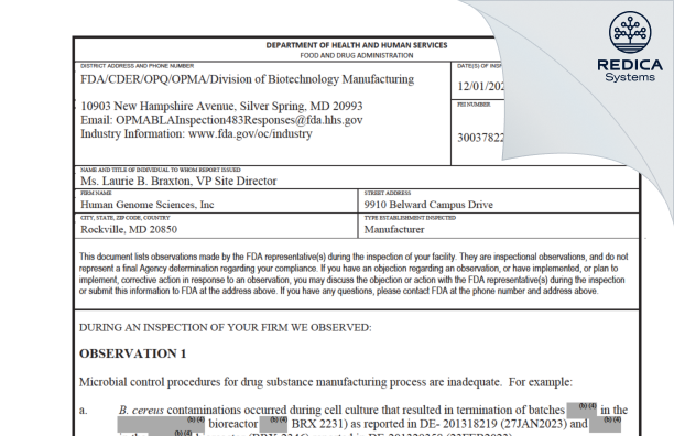 FDA 483 - Human Genome Sciences, Inc. [Rockville / United States of America] - Download PDF - Redica Systems