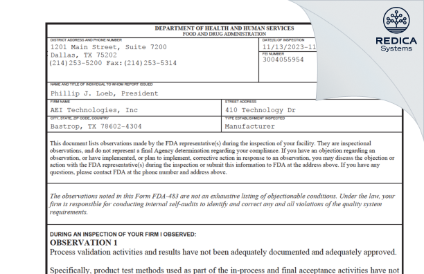 FDA 483 - AEI Technologies, Inc [Bastrop / United States of America] - Download PDF - Redica Systems