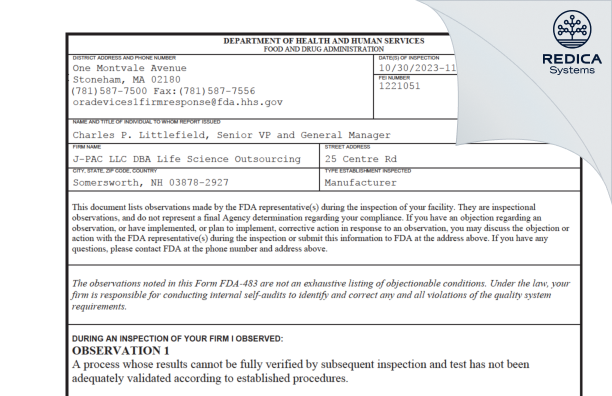FDA 483 - J-PAC, LLC [Somersworth / United States of America] - Download PDF - Redica Systems