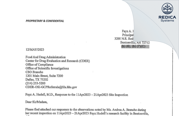 FDA 483 Response - Fayz A. Hudefi, M.D. [Bentonville / United States of America] - Download PDF - Redica Systems